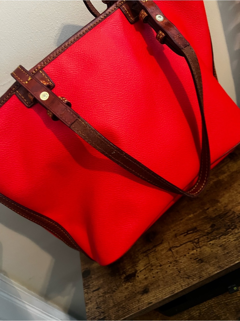 Dooney & Bourke Bright Red Pebbled Leather Tote with Brown Trim - Picture 6 of 7